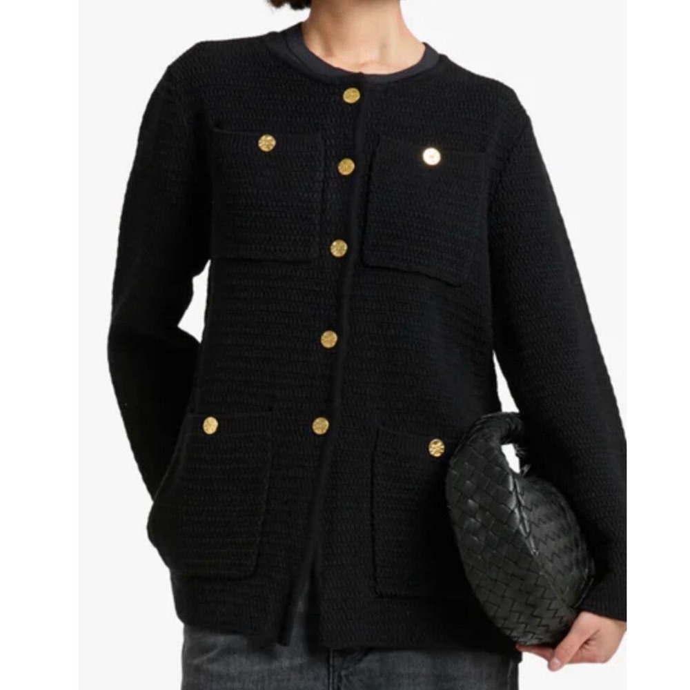 ONTE Black Crochet Knit Cardigan Gold Button Front Pocket Sweater Small